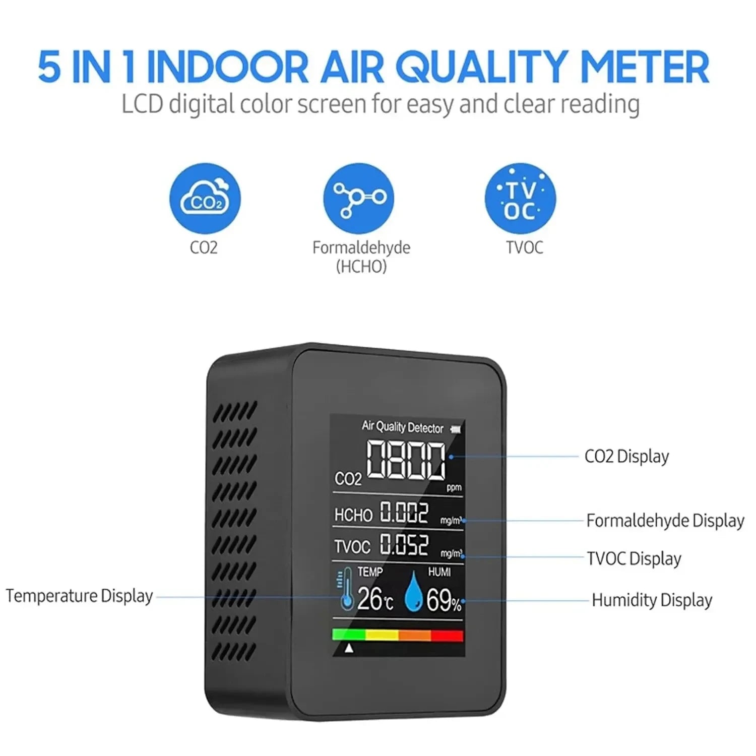 Digital Air Quality Monitor with CO2, TVOC, HCHO, Temperature & Humidity | Rechargeable & Portable - Image 2