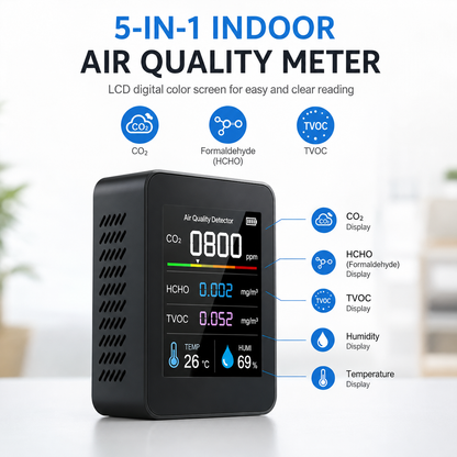Digital Air Quality Monitor with CO2, TVOC, HCHO, Temperature & Humidity | Rechargeable & Portable